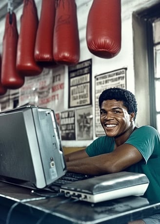 Muhammad Ali smiling while sitting behind a computer keyboard in a mid-20th-century boxing gym,