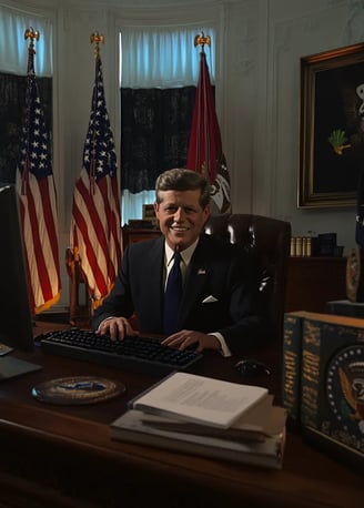 John F. Kennedy smiling while sitting behind a computer keyboard in a 1960s Oval Office with flags,