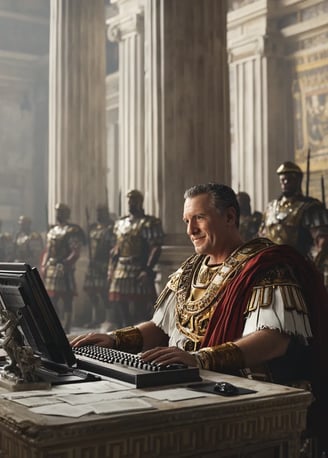 Julius Caesar smiling while sitting behind a computer keyboard in an ancient Roman senate