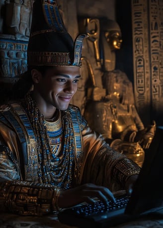 King Tutankhamun smiling while sitting behind a computer keyboard in an ancient Egyptian palace