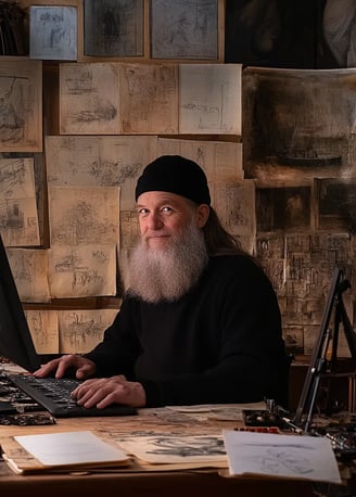 Leonardo da Vinci smiling while sitting behind a computer keyboard in a Renaissance-era studio
