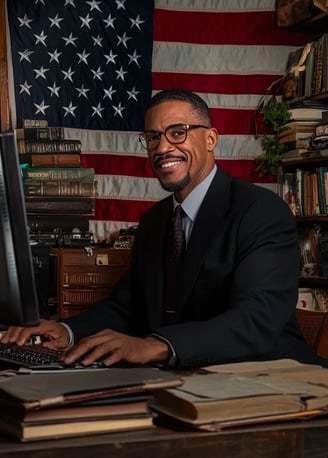 Malcolm X smiling while sitting behind a computer keyboard in a 1960s office with books