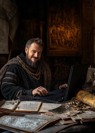 Marco Polo smiling while sitting behind a computer keyboard in a 13th-century Venetian office