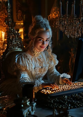 Marie Antoinette smiling while sitting behind a computer keyboard in a lavish 18th-century Palace