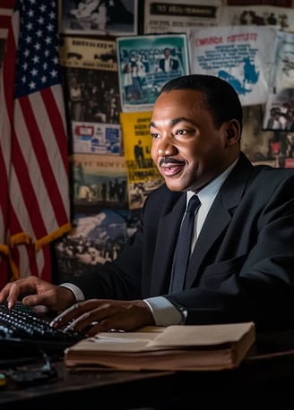 Martin Luther King Jr. smiling while sitting behind a computer keyboard in a 1960s office setting