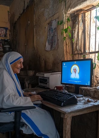 Mother Teresa smiling while sitting behind a computer keyboard in a simple room