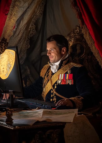 Napoleon Bonaparte smiling while sitting behind a computer keyboard in an early 19th-century uniform