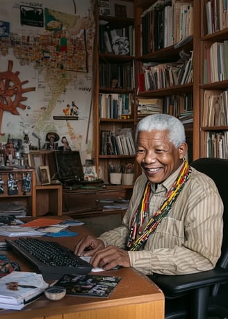 Nelson Mandela smiling while sitting behind a computer keyboard in a 1990s South African office