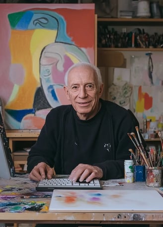 Pablo Picasso smiling while sitting behind a computer keyboard in a vibrant 20th-century art studio