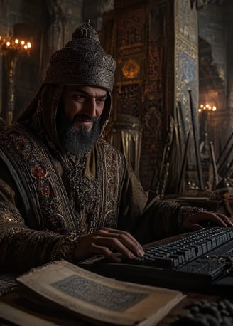 Saladin smiling while sitting behind a computer keyboard in a medieval Islamic palace with tapestrie