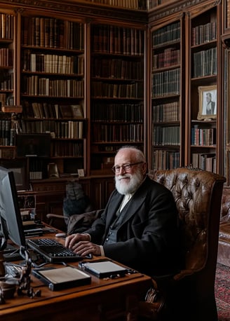 Sigmund Freud smiling while sitting behind a computer keyboard in a 19th-century Viennese study