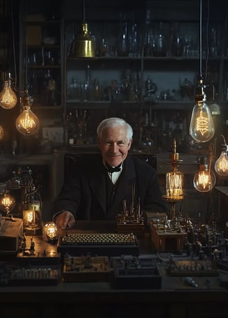 Thomas Edison smiling while sitting behind a computer keyboard in a 19th-century laboratory