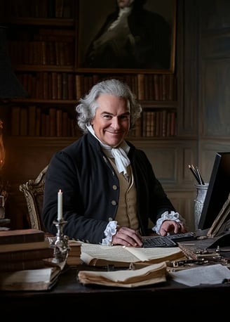 Thomas Jefferson smiling while sitting behind a computer keyboard in an 18th-century colonial study