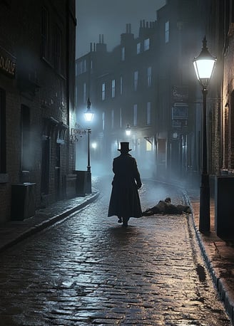 narrow streets of Whitechapel at night. Gas lamps cast eerie pools of light on the cobblestone alley