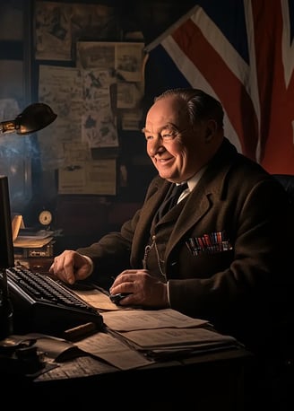 Winston Churchill smiling while sitting behind a computer keyboard in a 1940s wartime office with pa