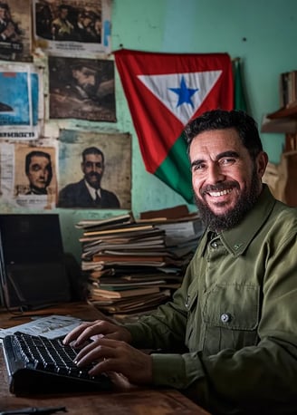 Fidel Castro smiling while sitting behind a computer keyboard in a 20th-century Cuban office