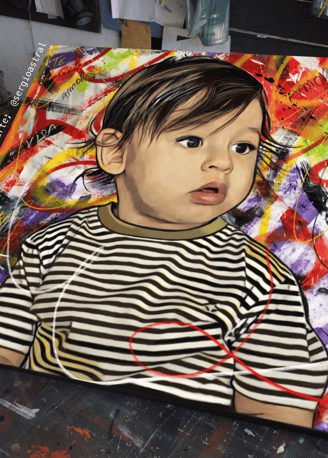 Pintura personalizada de uma criança sorridente, obra de arte vibrante.