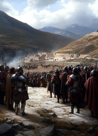 1532 Andean highlands near Cajamarca, Francisco Pizarro and his men dismounting outside a Inca plaza