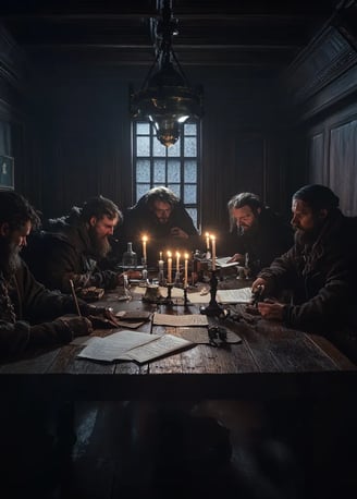 1666, dimly lit Royal Society chamber, oak-paneled walls and flickering wax candles, Samuel Pepys