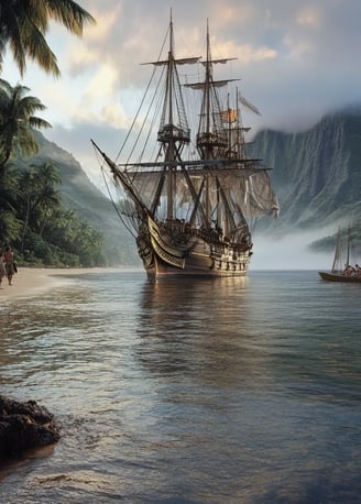 1794, calm tropical waters off Oʻahu, the British ship Butterworth approaching a pristine, uncharted