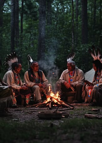 1827 Creek settlement in the southeastern U.S., tribal leaders seated around a fire
