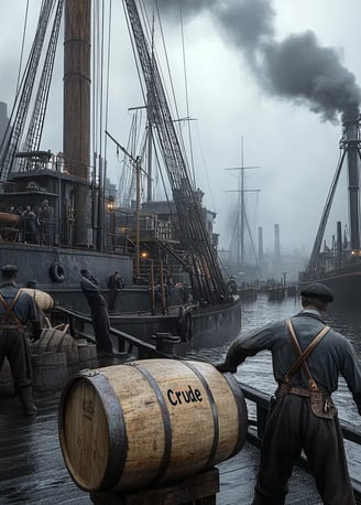 861, busy Philadelphia port, dockworkers in coarse wool shirts and suspenders rolling heavy wooden o