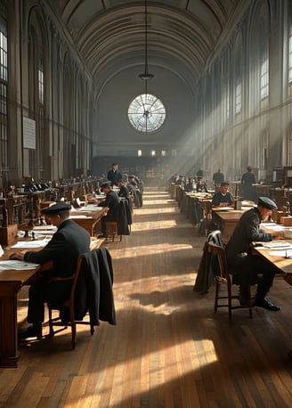 1914, Washington D.C. State Department office, sunlight pouring through tall arched windows