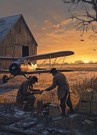 1926 rural Illinois airfield at dawn, dusty ground littered with wrenches and fuel cans