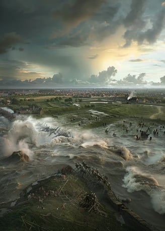 shot of Dutch rebels, the Watergeuzen, breaking dikes to flood the land around Leiden