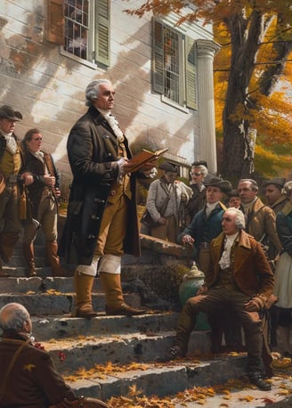 President George Washington reading the Thanksgiving proclamation aloud to an attentive group