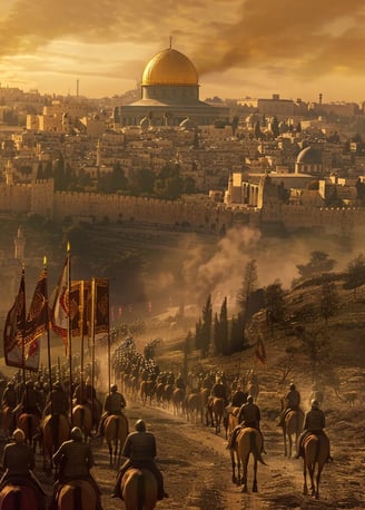 A panoramic view of Sultan Saladin’s army marching toward the walled city of Jerusalem in 1187