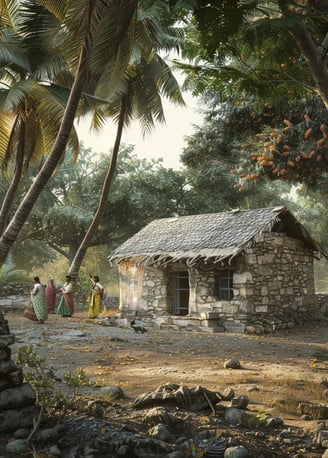 serene depiction of Porbandar, India, in 1869., a modest stone home