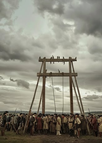 wide-angle shot of John André’s execution in 1780, set in a rural American village