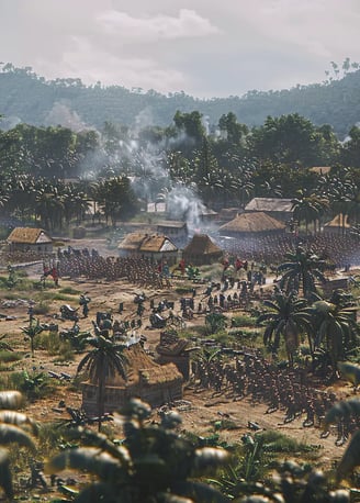 the battlefield in the Gold Coast, showing British forces advancing with cannons and rifles