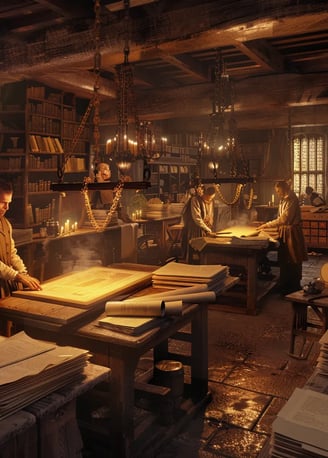 printing press in 16th-century England producing the first pages of the Coverdale Bible