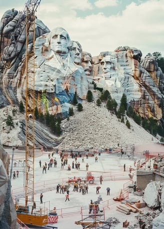 workers beginning the monumental task of carving Mount Rushmore in South Dakota.