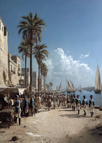 French grenadiers in bicorn hats and blue coats step from a beached longboat