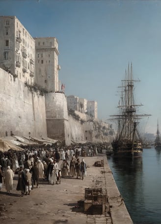 Golden Mediterranean morning light on Algiers’ whitewashed fort walls and Moorish towers