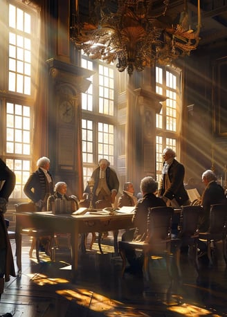 An interior depiction of a late-18th-century colonial chamber where figures dressed in historically