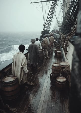 1781 on the deck of the British ship Zong, enslaved Africans in coarse cloth remain shackled
