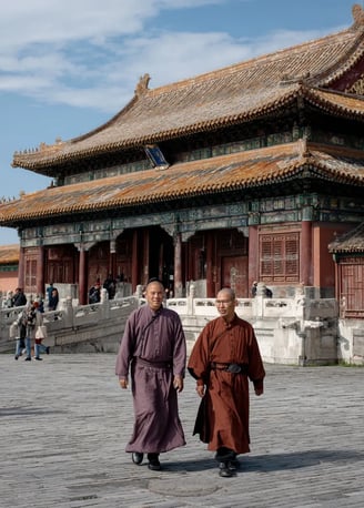 Eunuchs in crimson robes and palace guards in lacquered armor stroll courtyards of marble balustrade