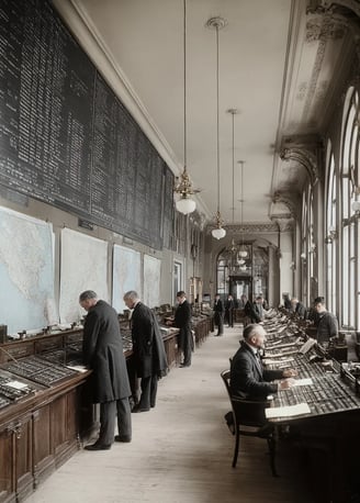 Imperial Post Office: delegates in frock coats and bowler hats lean over large wall maps