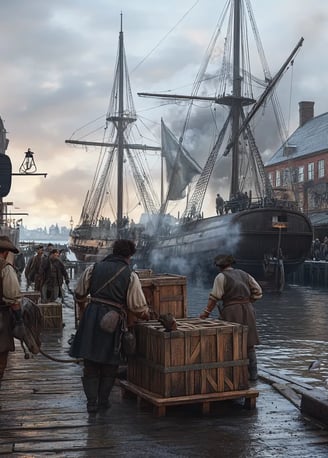 Boston Harbor, Massachusetts, 1716, at dawn,