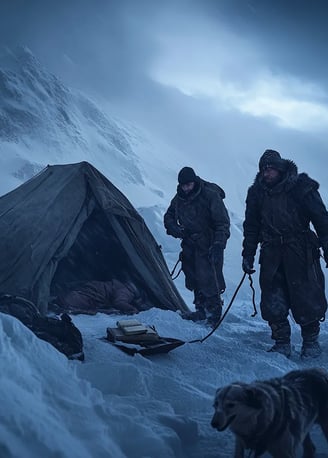 British explorers in heavy wool and fur-lined parkas uncovering the snow-covered tent