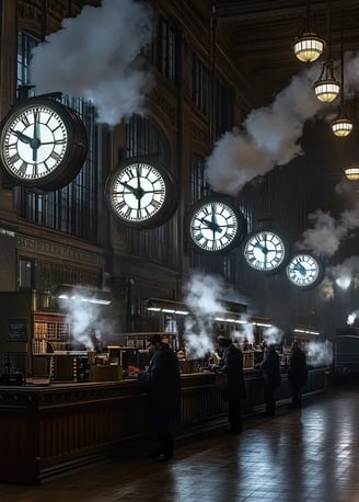 Busy 19th-century train station in St. Louis, multiple clocks above ticket counters
