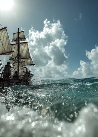Blackbeard’s flagship sloop closes on a three-masted French merchant slave ship