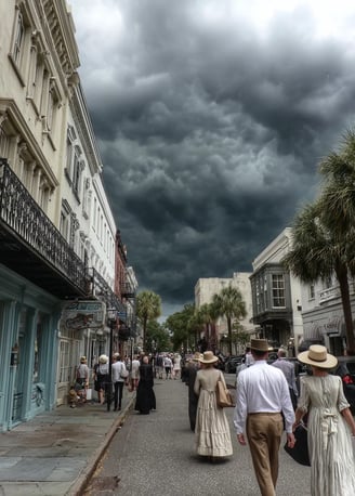 Noon beneath a roiling sky: dark thunderheads loom over cobblestone Market Street