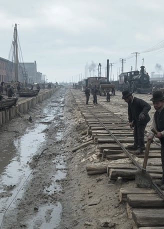 Chicago’s North Bank: engineers in frock coats and bowler hats inspect chalked survey lines