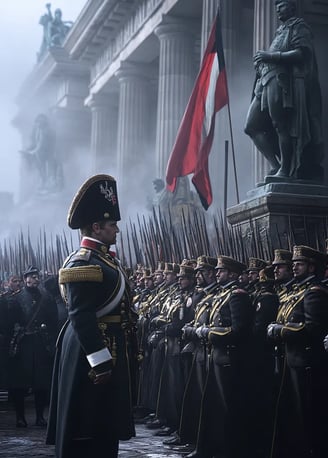 Chilly autumn afternoon, Berlin 1806, Napoleon I in military regalia standing on the step