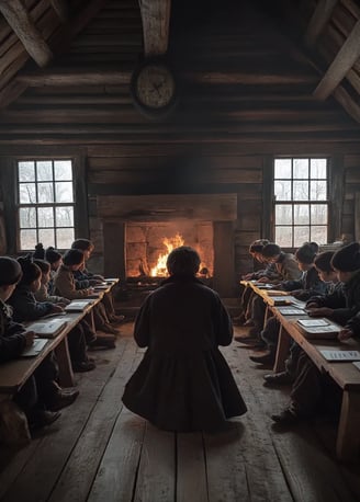 Colonial Classroom: In a simple wooden schoolhouse with small windows, children sit on benches